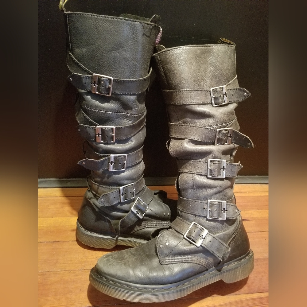 Dr. Martens Phina Leather Knee High Buckle Boots Rare